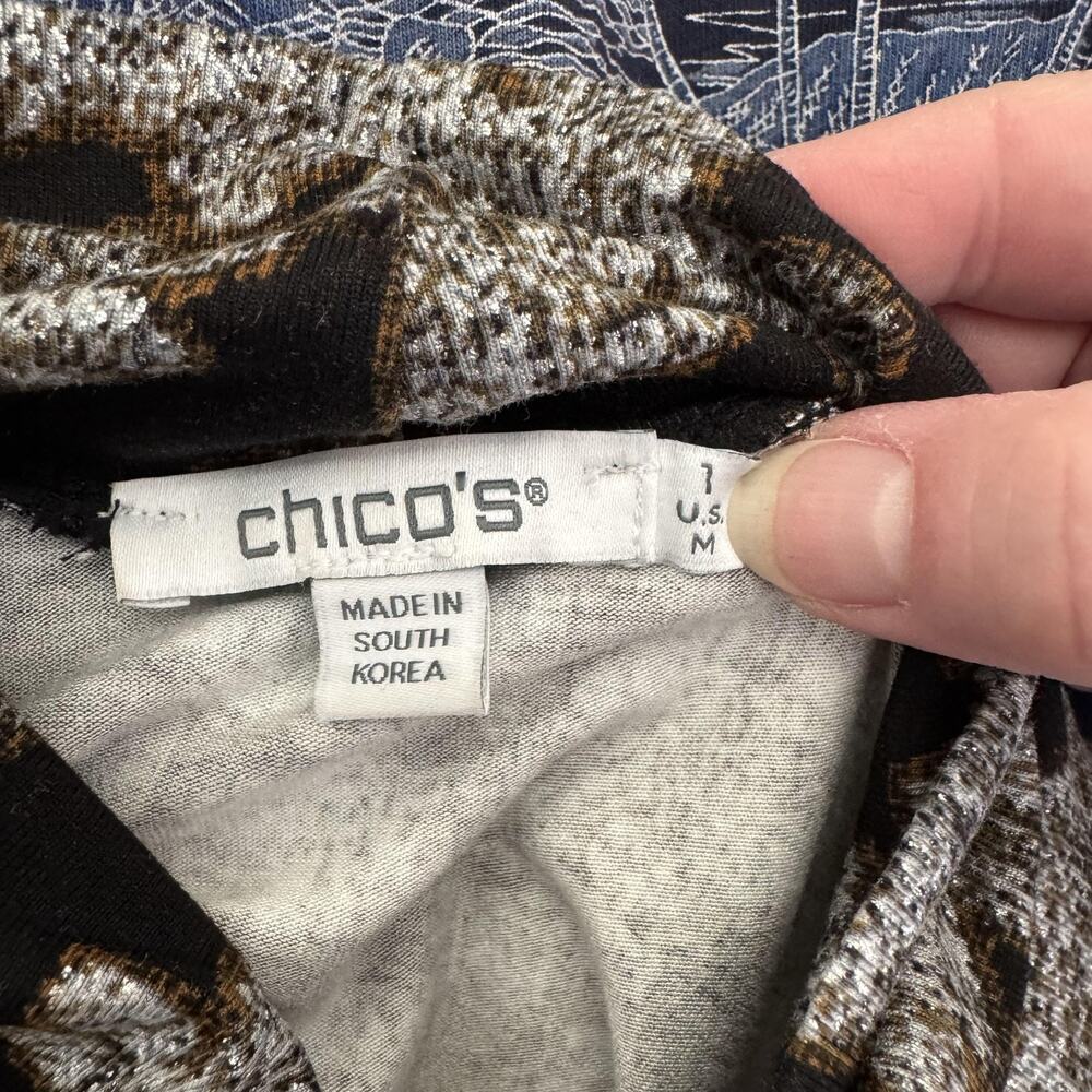Chico's Shirt Womens M Black Floral Mock Neck Long Sleeve Stretch Knit Shimmer - Picture 3 of 9